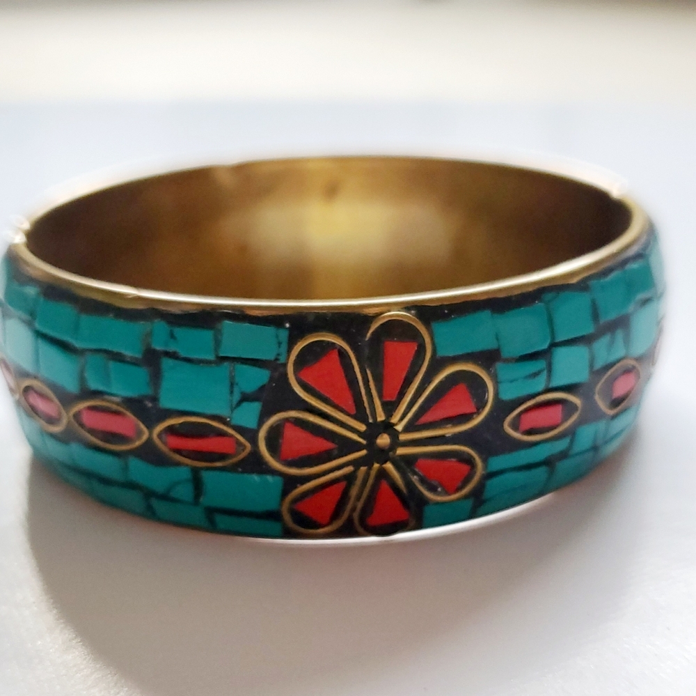 Turquoise Coral Inlay Wide Brass Bangle Bracelet Mosaic Floral Design Handmade